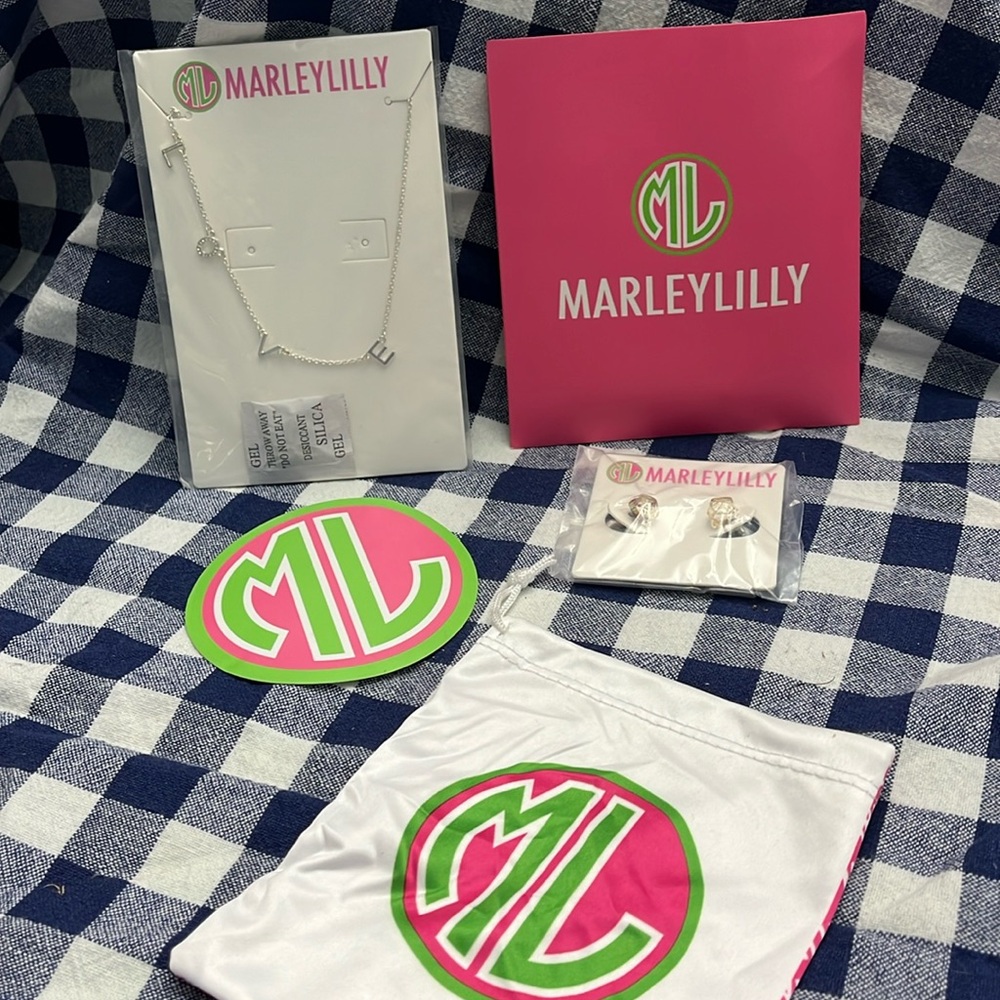 MarleyLilly Confetti Glitter Earrings and silver love necklace package